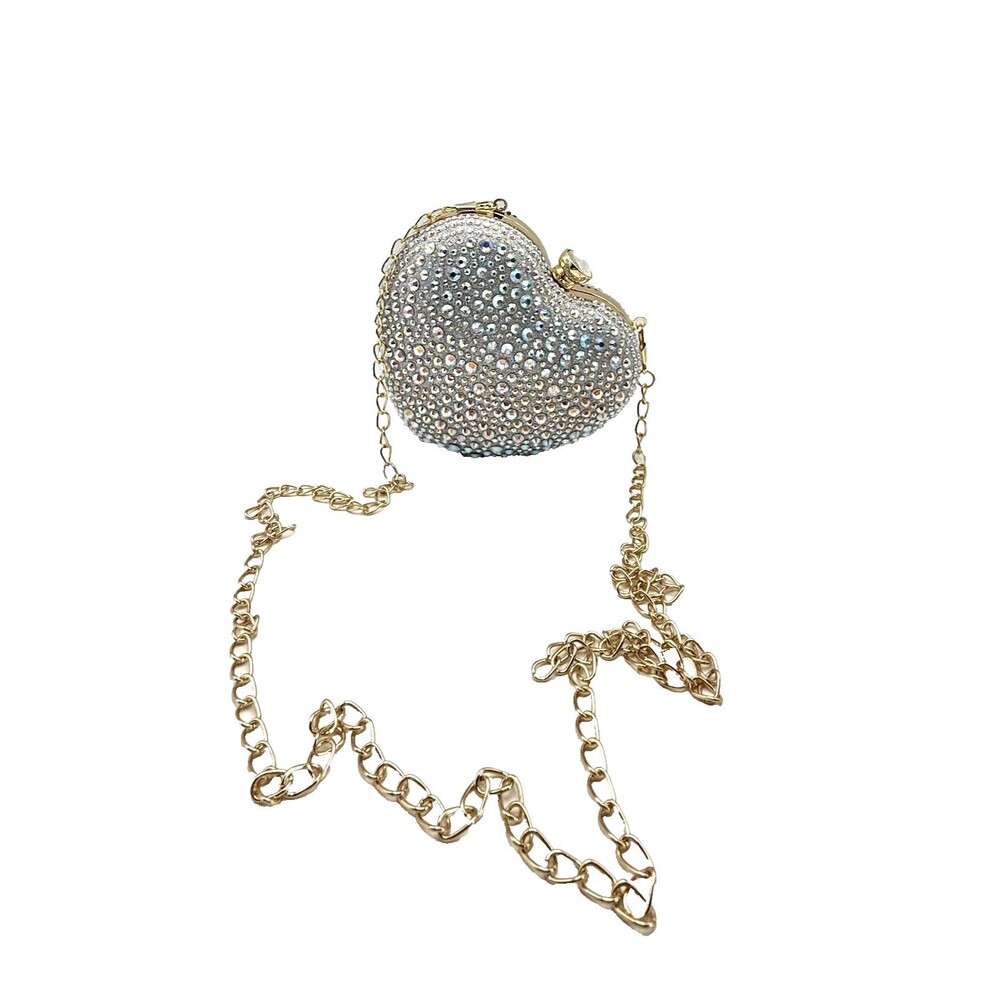Silver Crystal Heart Clutch Bag Gold Handle Formal Evening Cocktail Purse NEW - Picture 2 of 9